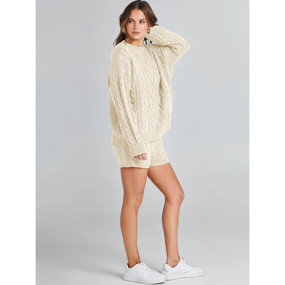 ANRABESS Women's Beige 2 Piece Outfits Sweater Lounge Loungewear Sets 2025 M
